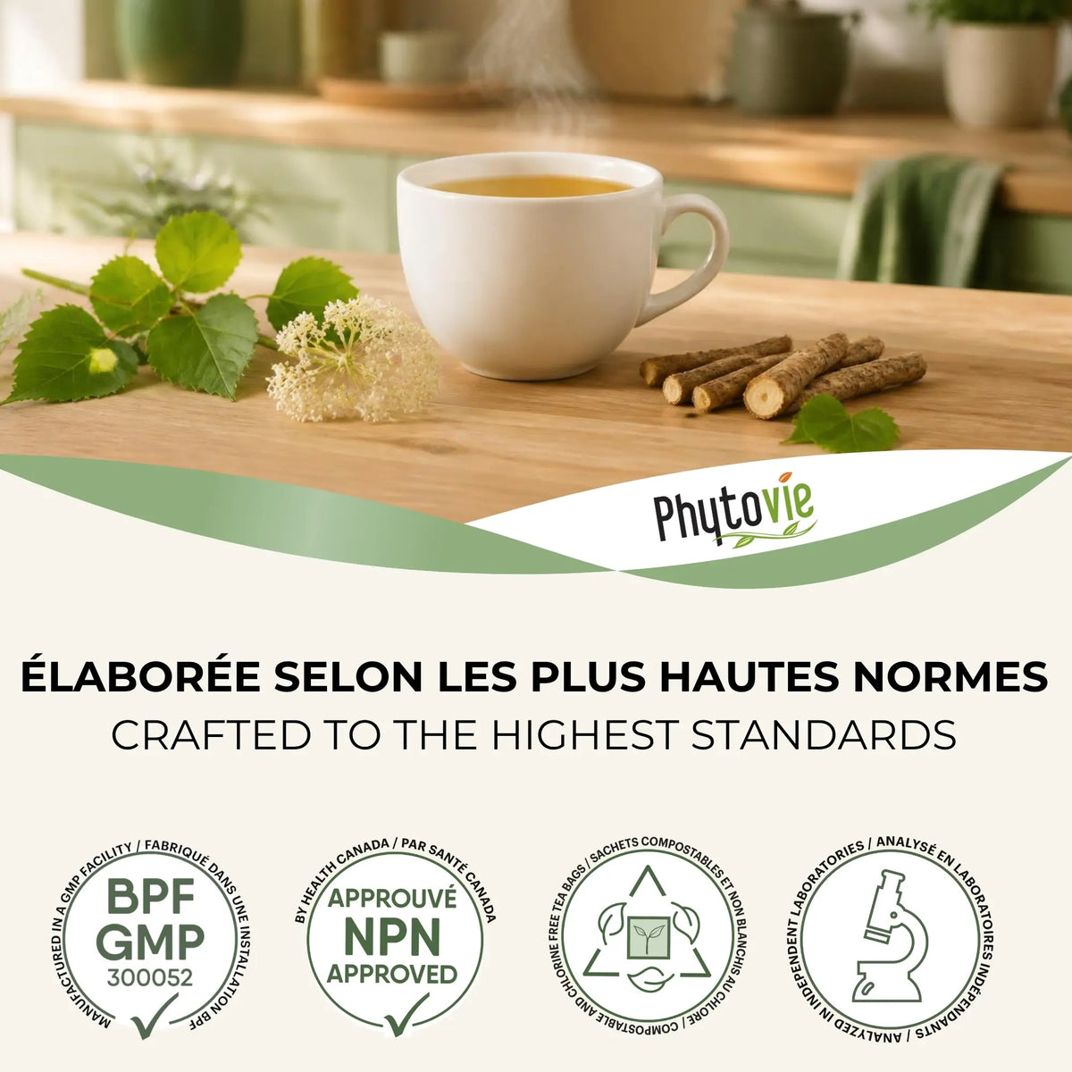 Tisane Élimination Phytovie élaborée selon les plus hautes normes — NPN approuvé par Santé Canada, installation BPF, sachets compostables, analysée en laboratoire