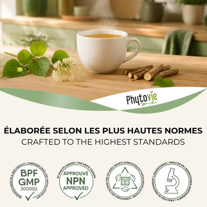 Tisane Élimination Phytovie élaborée selon les plus hautes normes — NPN approuvé par Santé Canada, installation BPF, sachets compostables, analysée en laboratoire