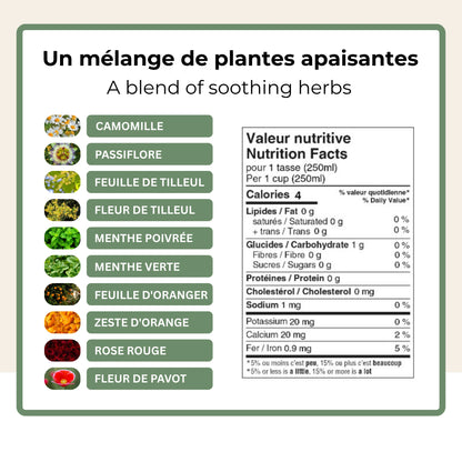 Liste des plantes apaisantes de la tisane Bonne Nuit Phytovie : camomille, passiflore, tilleul, menthe, oranger, rose et pavot