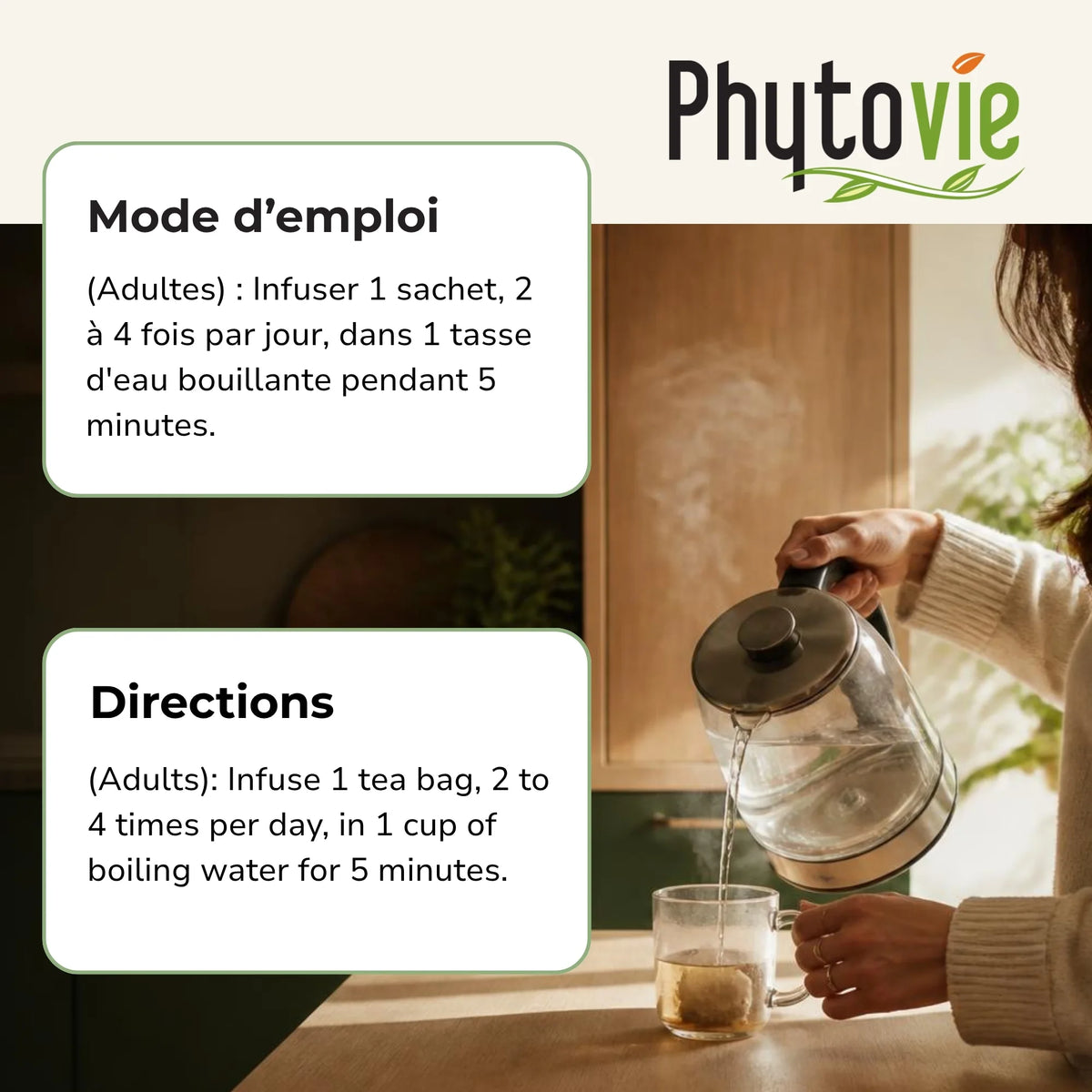 Instructions de préparation de la tisane Vigne Rouge Phytovie, infuser 5 minutes, 2 à 4 fois par jour