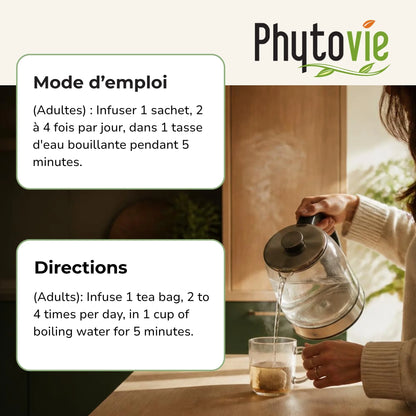 Instructions de préparation de la tisane Vigne Rouge Phytovie, infuser 5 minutes, 2 à 4 fois par jour