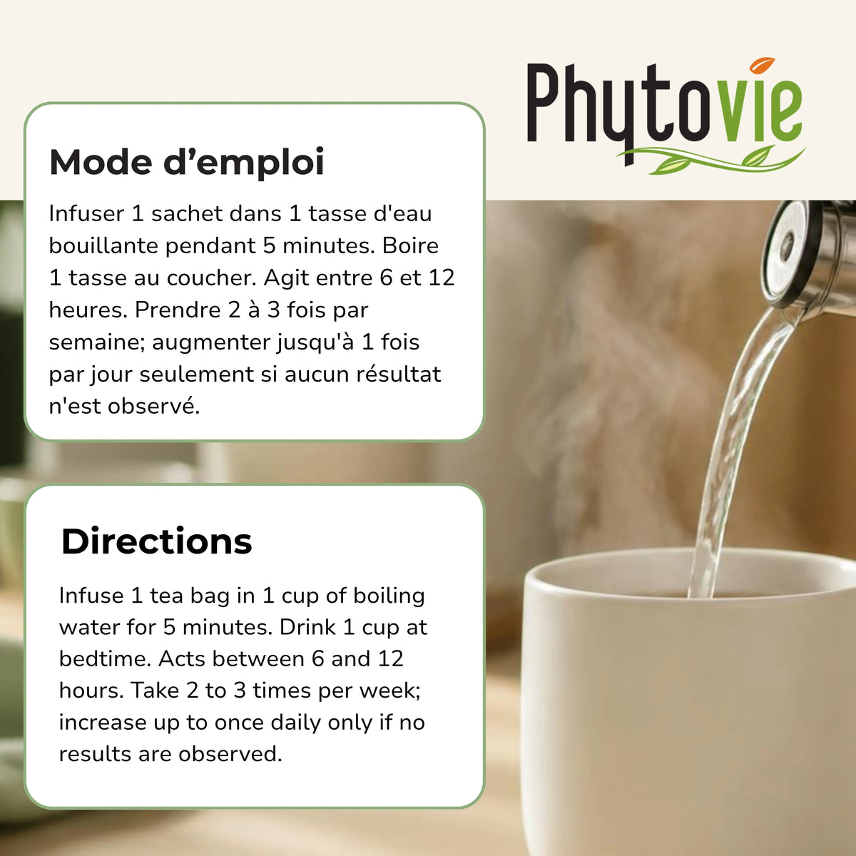 Instructions de préparation de la tisane Malva+ Phytovie, infuser 5 minutes, boire au coucher
