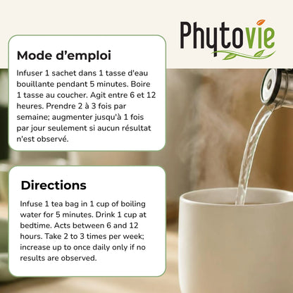 Instructions de préparation de la tisane Malva+ Phytovie, infuser 5 minutes, boire au coucher