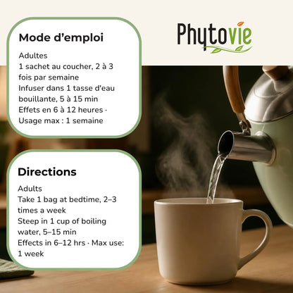 Mode d'emploi de la tisane Élimination Phytovie — 1 sachet au coucher, 2 à 3 fois par semaine, infuser 5 à 15 minutes
