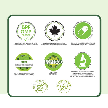Certifications du supplément Allaitement Phytovie, fabrication GMP, approuvé par Santé Canada, capsules végétales, sans gluten et sans OGM