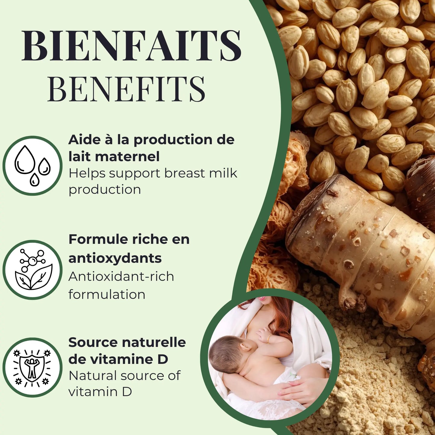 Bienfaits du supplément Allaitement Phytovie, aide à soutenir la production de lait maternel, fournit des antioxydants et une source naturelle de vitamine D