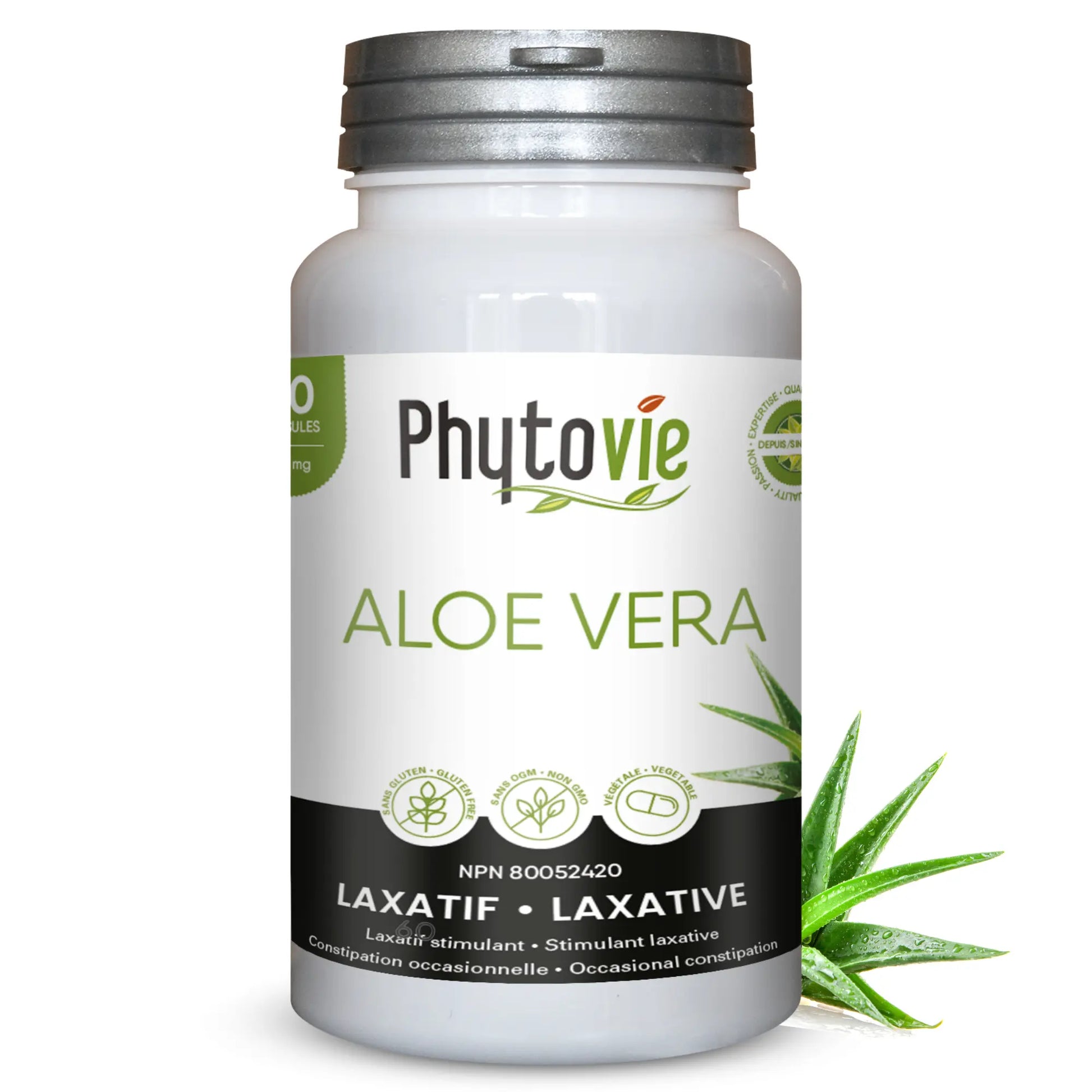 Capsules d’Aloe vera Phytovie 60 capsules, supplément naturel laxatif utilisé pour aider à soulager la constipation occasionnelle