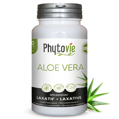 Capsules d’Aloe vera Phytovie 60 capsules, supplément naturel laxatif utilisé pour aider à soulager la constipation occasionnelle