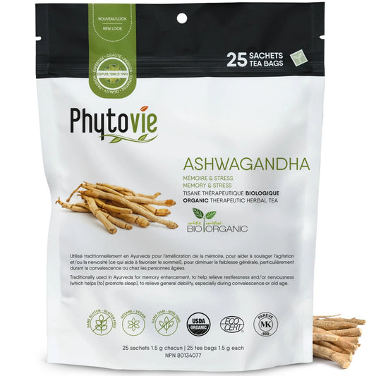 Tisane thérapeutique biologique ashwagandha Phytovie 25 sachets, infusion naturelle pour la mémoire, le stress et l’équilibre nerveux
