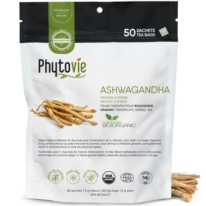 Tisane thérapeutique biologique ashwagandha Phytovie 50 sachets, infusion ayurvédique pour la mémoire, l’énergie et le stress