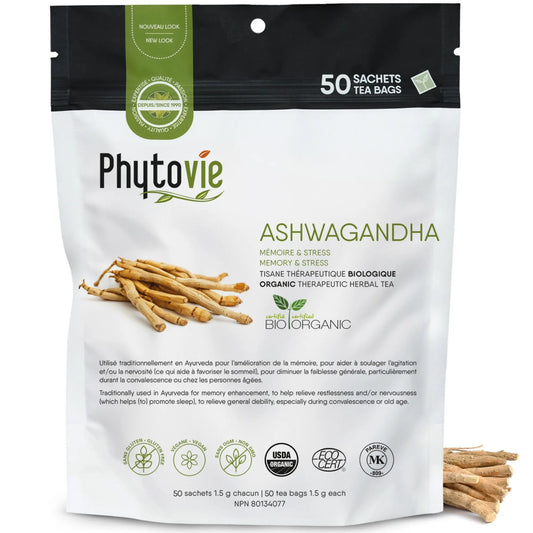 Tisane thérapeutique biologique ashwagandha Phytovie 50 sachets, infusion ayurvédique pour la mémoire, l’énergie et le stress