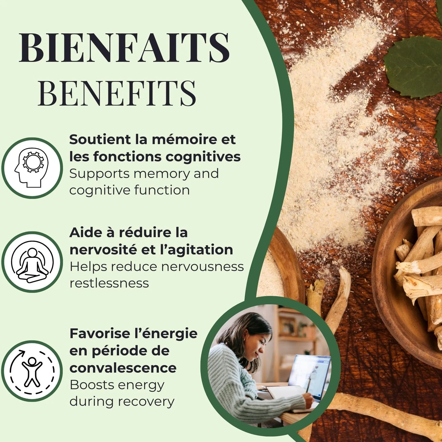 Bienfaits de la tisane ashwagandha Phytovie, soutient la mémoire, aide à réduire la nervosité et favorise l’énergie en convalescence