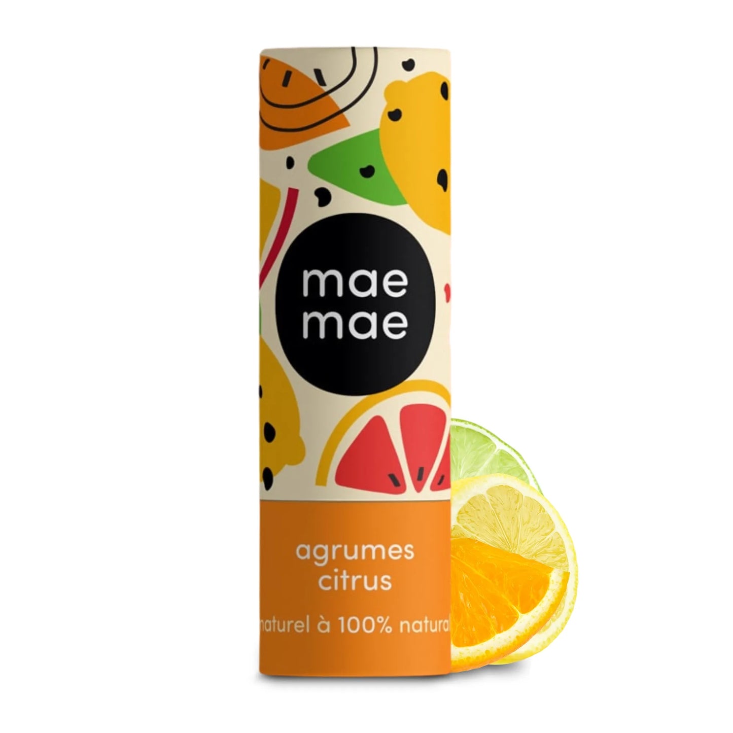 Baume à lèvres naturel aux agrumes mae mae sur fond blanc avec citron et orange