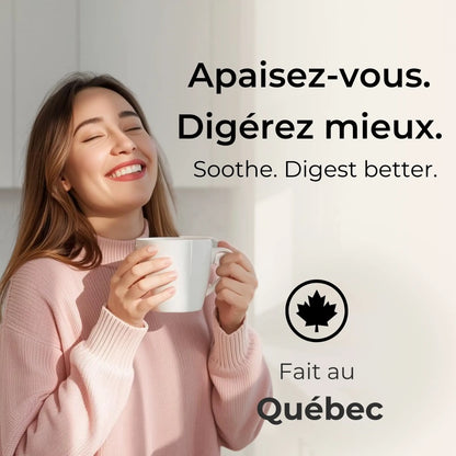 Femme savourant une tisane Chardon-Marie Phytovie pour la digestion, fait au Québec