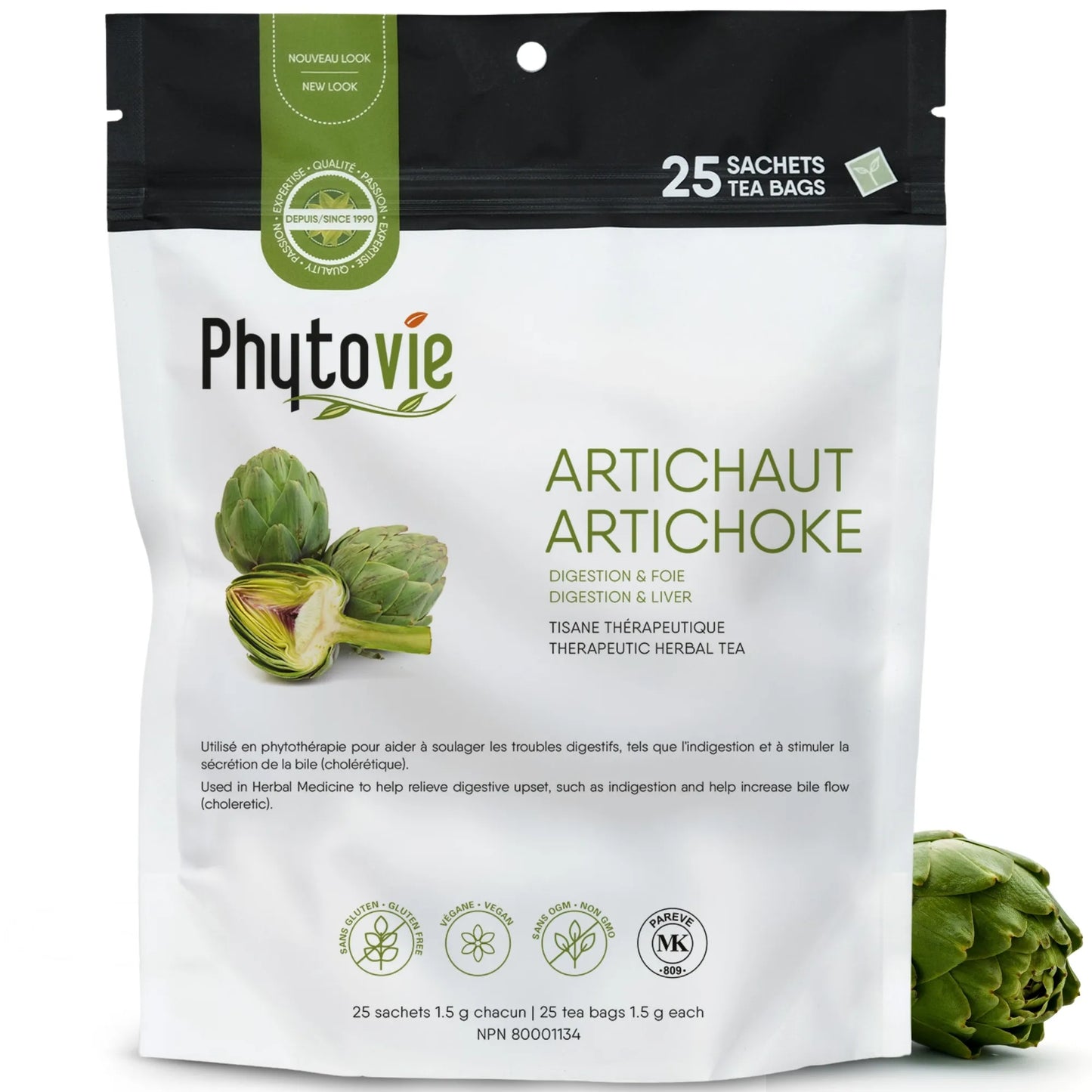 Tisane d’artichaut 25 sachets sur fond blanc avec plante d’artichaut à côté, reconnue pour soutenir la digestion et stimuler la sécrétion de la bile