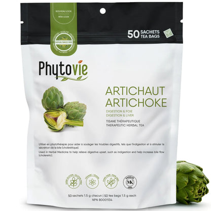Tisane d’artichaut en 50 sachets sur fond blanc avec plante d’artichaut à côté, reconnue pour soutenir la digestion et stimuler la sécrétion de la bile