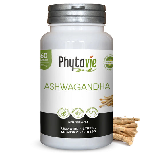 Capsules d’ashwagandha Phytovie 60 capsules, supplément naturel utilisé pour soutenir la mémoire, réduire le stress et favoriser l’énergie