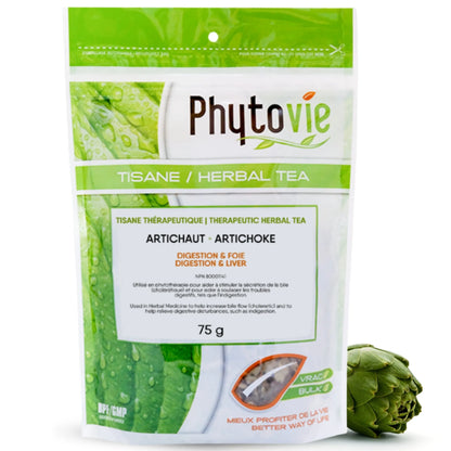 Tisane d’artichaut en vrac sur fond blanc avec plante d’artichaut à côté, reconnue pour soutenir la digestion et stimuler la sécrétion de la bile
