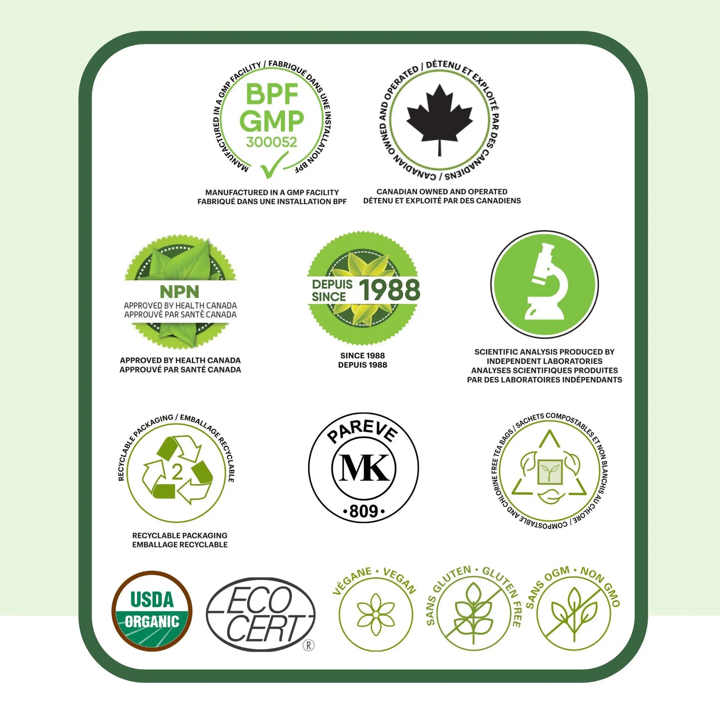 Certifications de la tisane biologique ashwagandha Phytovie, approuvée Santé Canada, GMP, USDA Organic, végane et sans OGM
