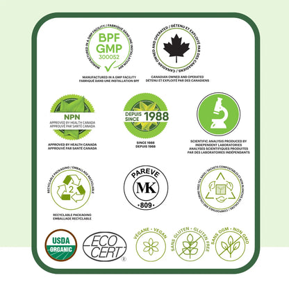 Certifications de la tisane biologique ashwagandha Phytovie, approuvée Santé Canada, GMP, USDA Organic, végane et sans OGM