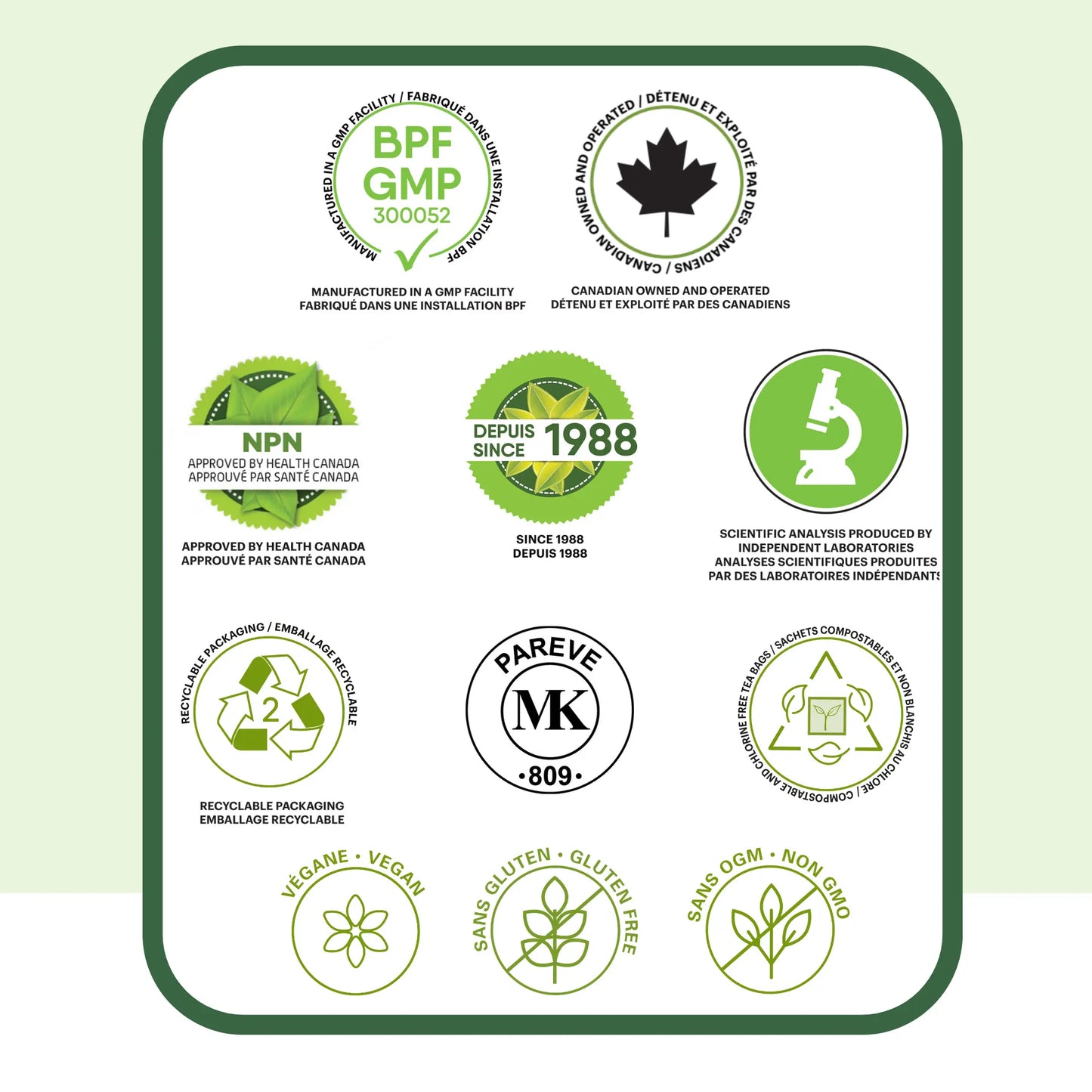 Certifications de la tisane Soir Détox Phytovie, approuvée par Santé Canada, fabrication GMP, végane, sans OGM et emballage recyclable