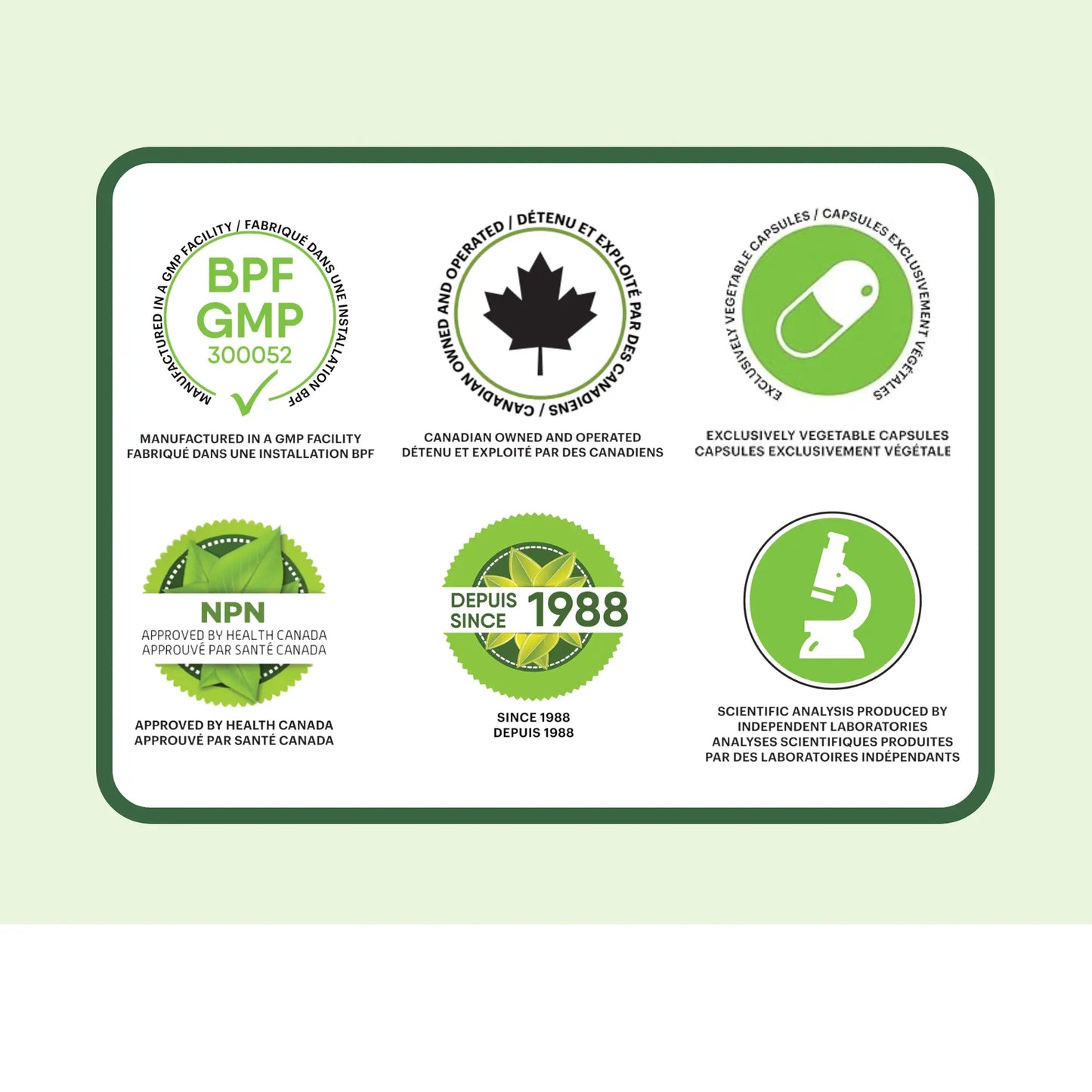 Certifications du supplément Reine des prés Phytovie, fabrication GMP, approuvé par Santé Canada, capsules végétales, sans gluten et sans OGM