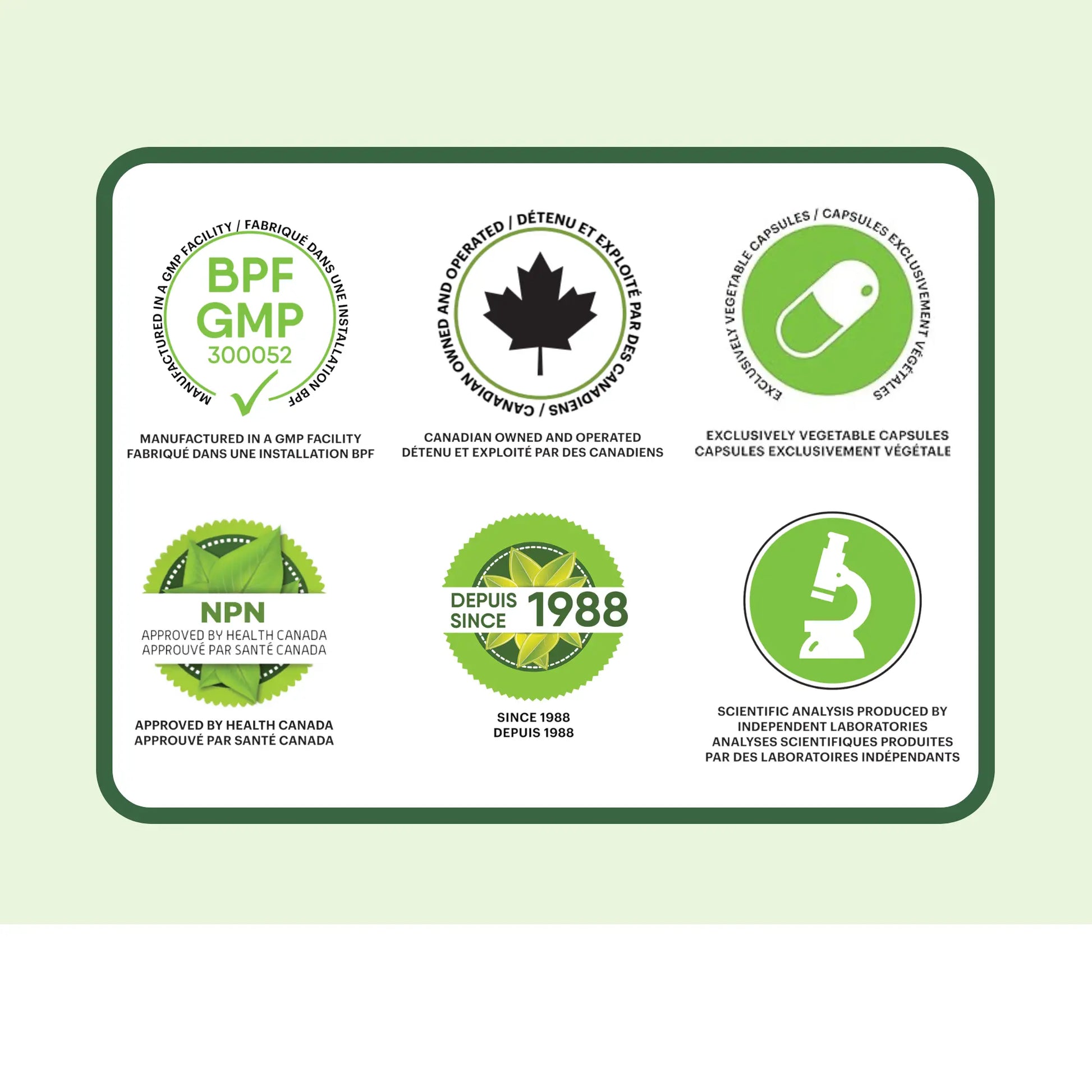 Certifications du supplément Reine des prés Phytovie, fabrication GMP, approuvé par Santé Canada, capsules végétales, sans gluten et sans OGM