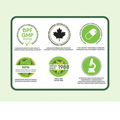 Certifications du supplément Reine des prés Phytovie, fabrication GMP, approuvé par Santé Canada, capsules végétales, sans gluten et sans OGM