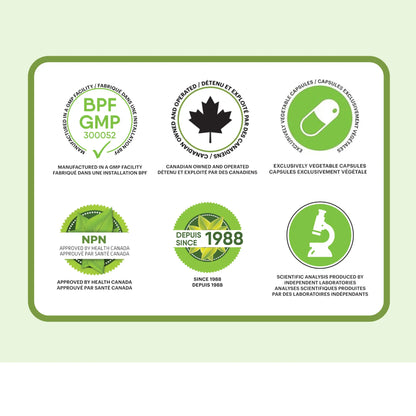 Certifications du supplément Pissenlit Phytovie, fabrication GMP, approuvé par Santé Canada, capsules végétales, sans gluten et sans OGM