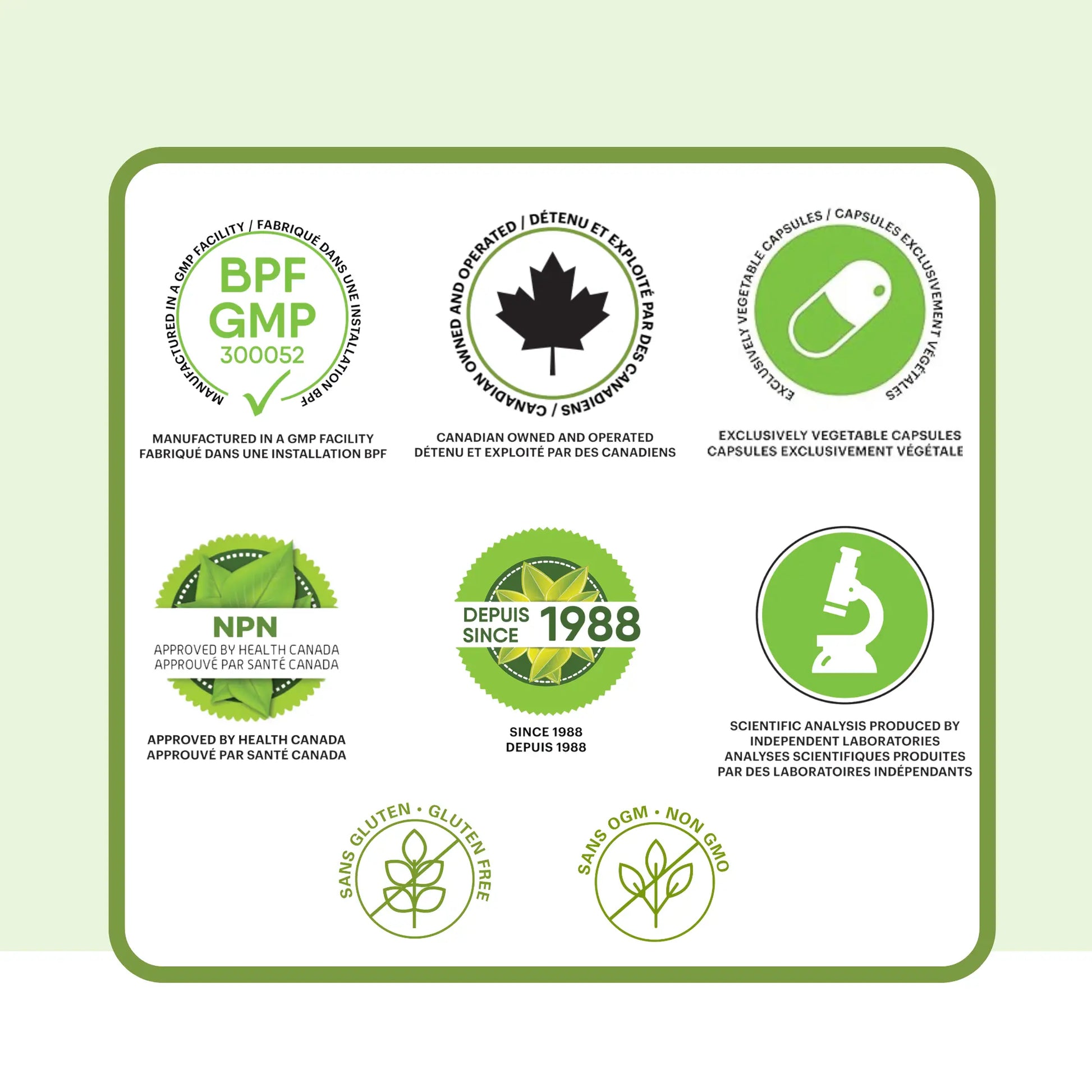 Certifications du supplément saule Phytovie, fabrication GMP, approuvé par Santé Canada, capsules végétales, sans gluten et sans OGM