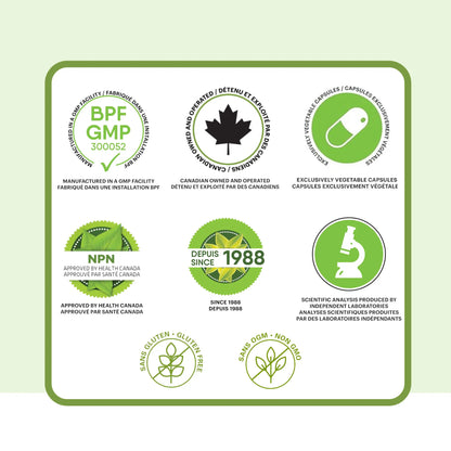 Certifications du supplément saule Phytovie, fabrication GMP, approuvé par Santé Canada, capsules végétales, sans gluten et sans OGM