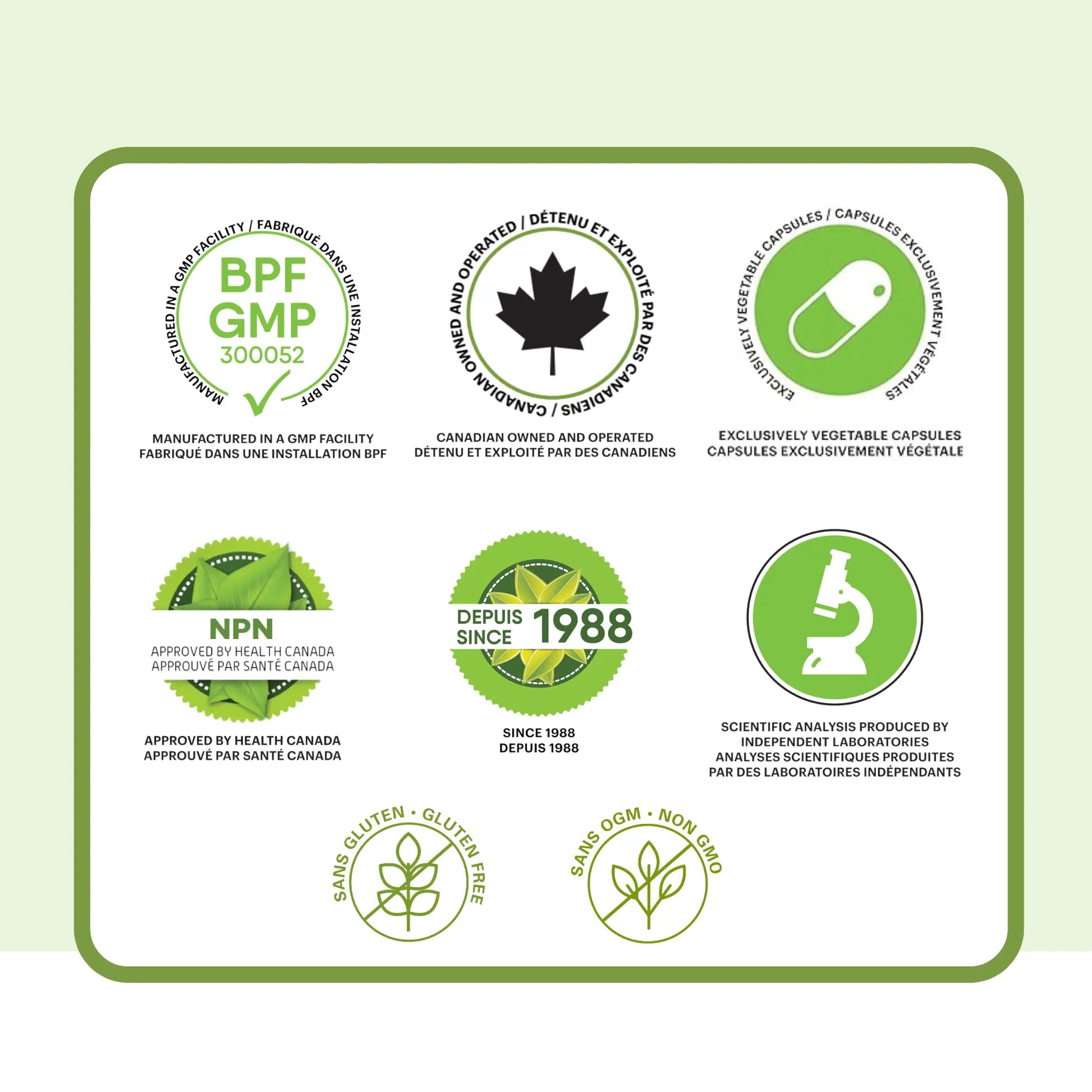 Certifications du supplément aubépine Phytovie, fabrication GMP, approuvé par Santé Canada, capsules végétales, sans gluten et sans OGM