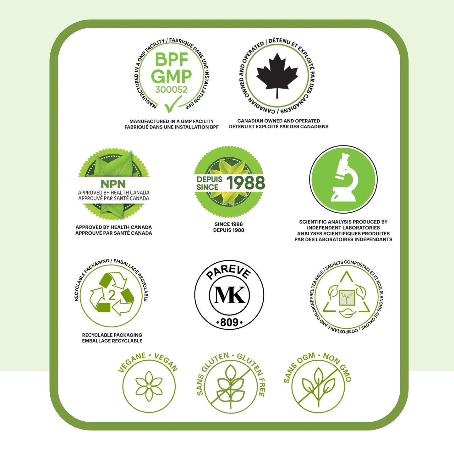 Certifications de la tisane tilleul Phytovie, approuvée par Santé Canada, fabrication GMP, végane, sans OGM et emballage recyclable