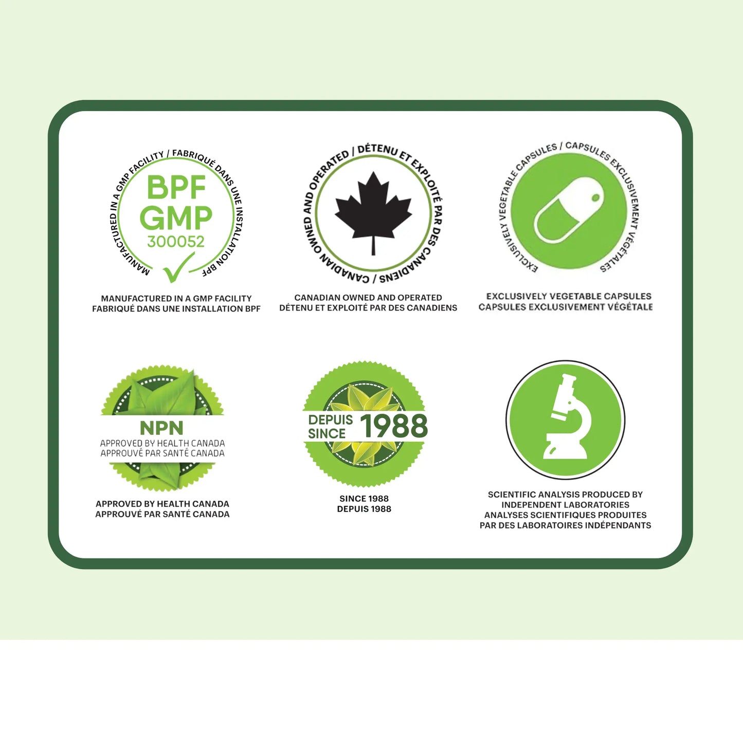 Certifications du supplément Aloe vera Phytovie, fabrication GMP, approuvé par Santé Canada, capsules végétales, sans gluten et sans OGM