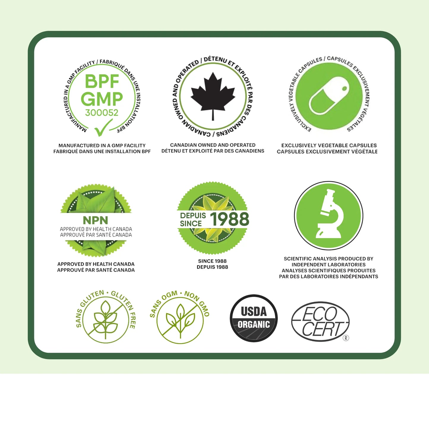 Certifications du supplément Lion’s Mane Phytovie, fabrication GMP, approuvé par Santé Canada, biologique USDA, capsules végétales et sans OGM