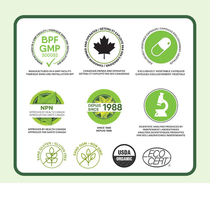 Certifications du supplément Lion’s Mane Phytovie, fabrication GMP, approuvé par Santé Canada, biologique USDA, capsules végétales et sans OGM