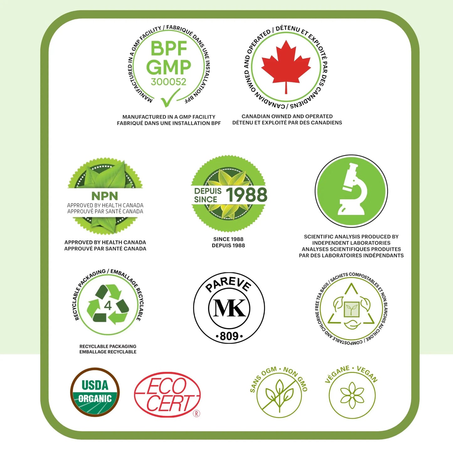 Badges et certifications Phytovie pour la tisane de passiflore : fabriqué au Canada, approuvé par Santé Canada (NPN), installation certifiée BPF/GMP, analyses scientifiques indépendantes, USDA Organic, ECOCERT, emballage recyclable, sans OGM et végane.
