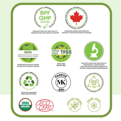 Badges et certifications Phytovie pour la tisane de passiflore : fabriqué au Canada, approuvé par Santé Canada (NPN), installation certifiée BPF/GMP, analyses scientifiques indépendantes, USDA Organic, ECOCERT, emballage recyclable, sans OGM et végane.
