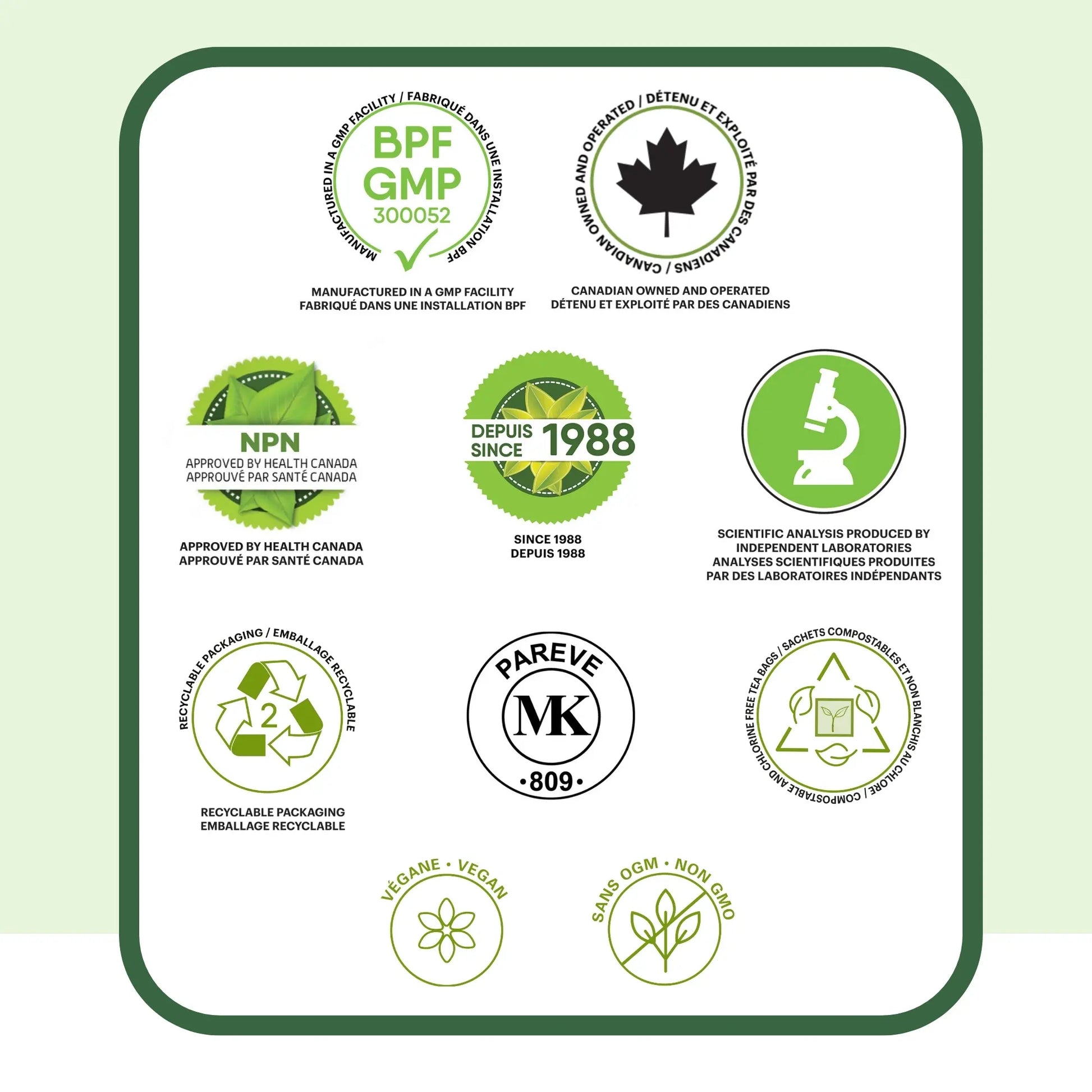 Certifications de la tisane rhume et grippe Phytovie, approuvée par Santé Canada, fabrication GMP, végane et sans OGM
