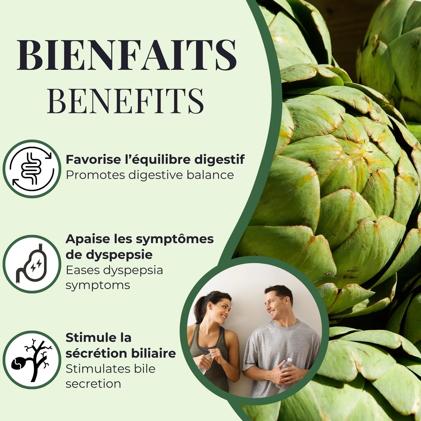 Bienfaits de l’artichaut Phytovie, favorise l’équilibre digestif, apaise les symptômes de dyspepsie et stimule la sécrétion biliaire

