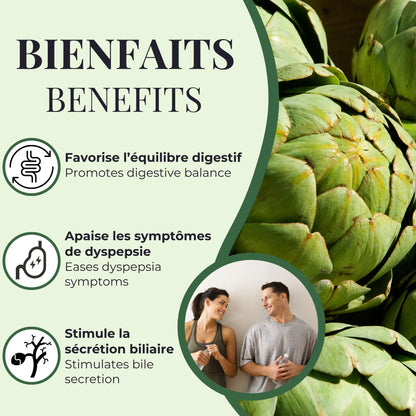 Bienfaits de l’artichaut Phytovie, favorise l’équilibre digestif, apaise les symptômes de dyspepsie et stimule la sécrétion biliaire

