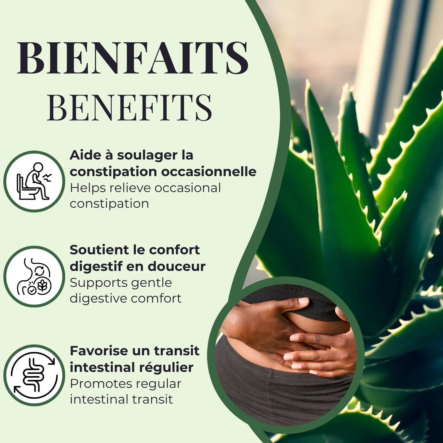 Bienfaits de l’Aloe vera Phytovie, aide à soulager la constipation occasionnelle, soutient le confort digestif et favorise un transit régulier