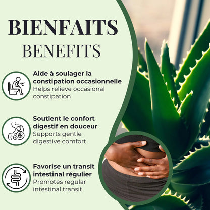 Bienfaits de l’Aloe vera Phytovie, aide à soulager la constipation occasionnelle, soutient le confort digestif et favorise un transit régulier