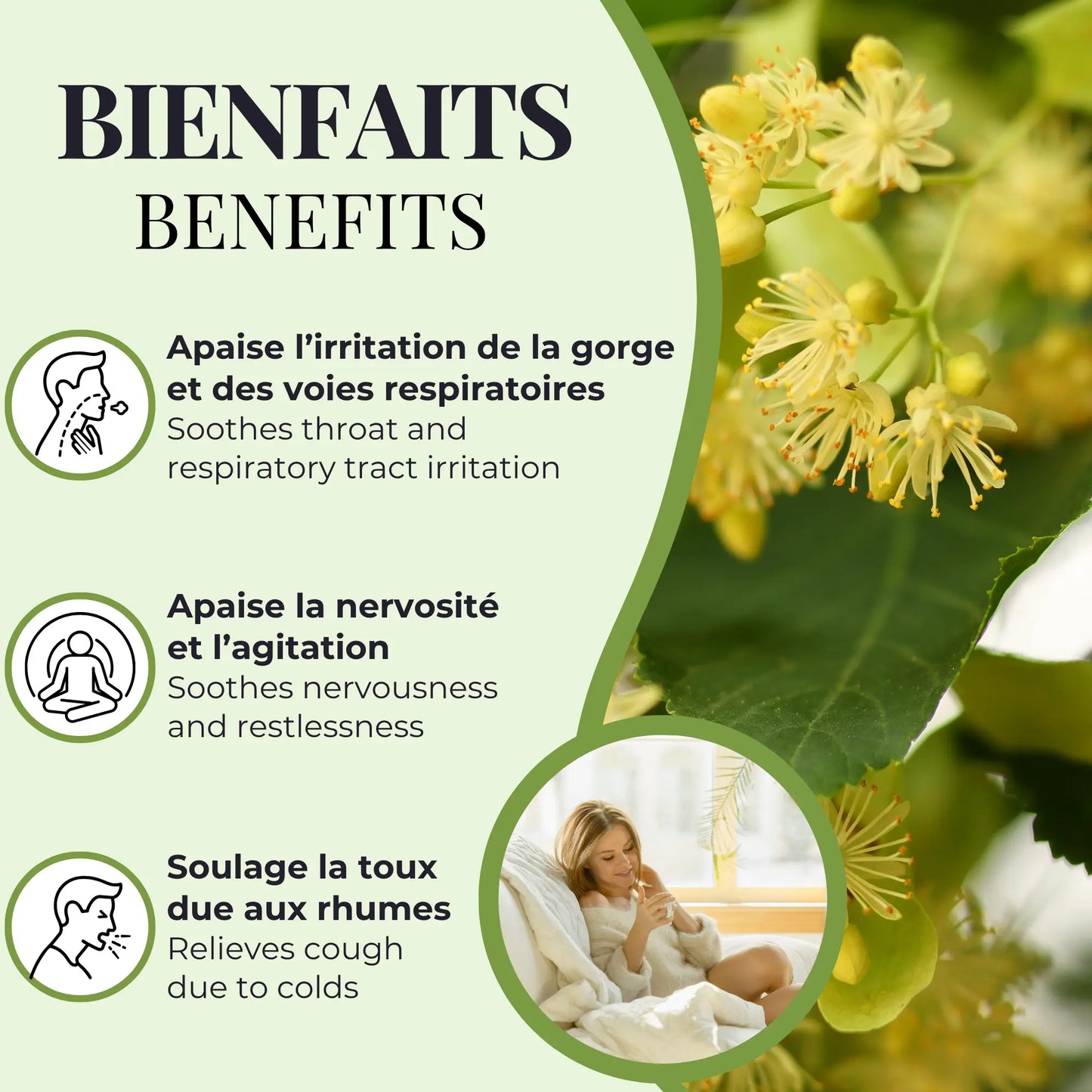 Bienfaits de la tisane tilleul Phytovie, apaise la gorge, soutient les voies respiratoires, calme la nervosité et aide à soulager la toux