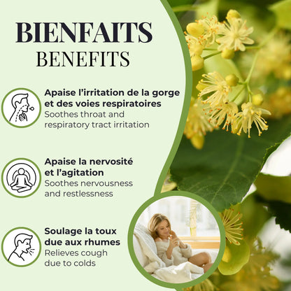Bienfaits de la tisane tilleul Phytovie, apaise la gorge, soutient les voies respiratoires, calme la nervosité et aide à soulager la toux