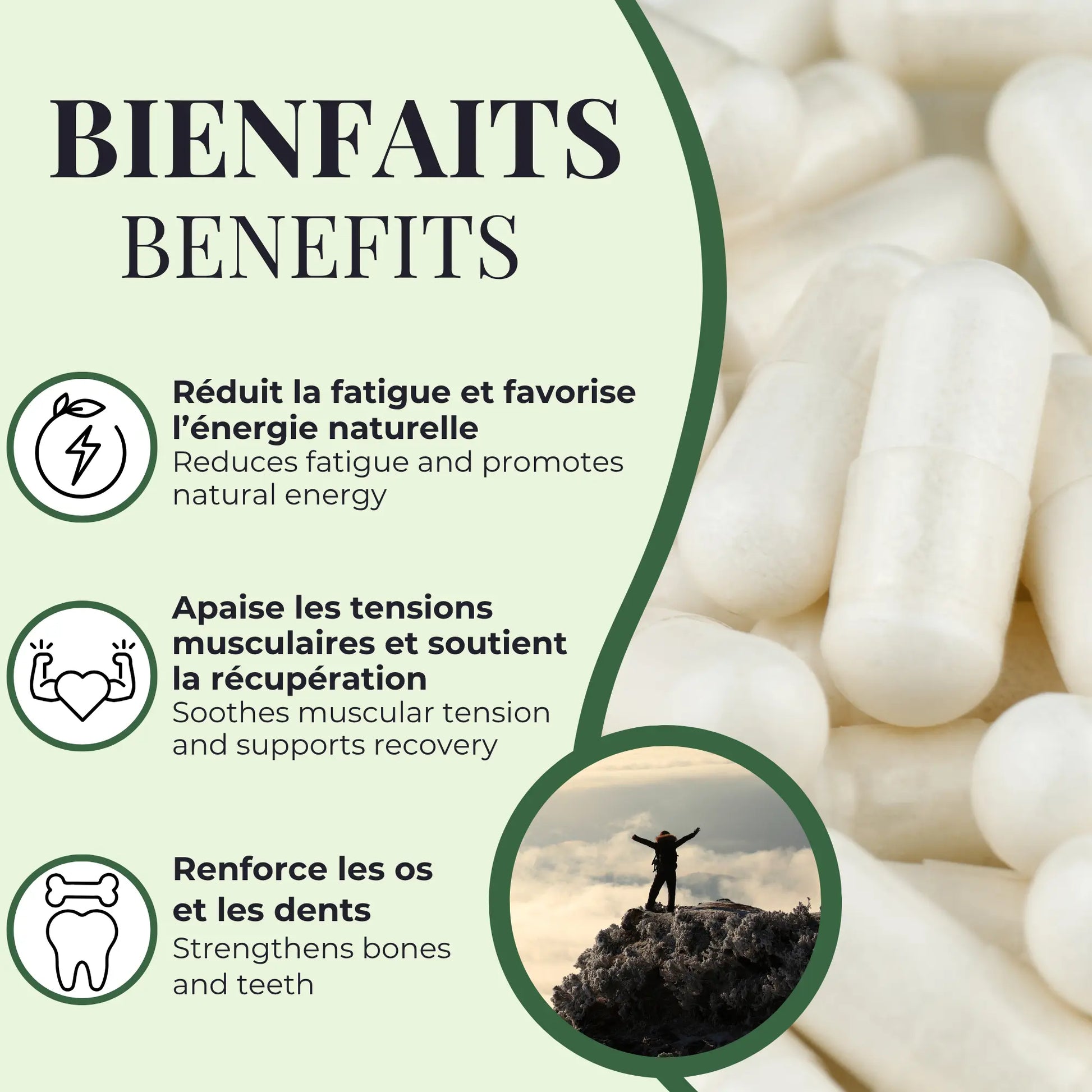 Bienfaits du bisglycinate de magnésium Phytovie, aide à réduire la fatigue, soutient la récupération musculaire et renforce les os et les dents