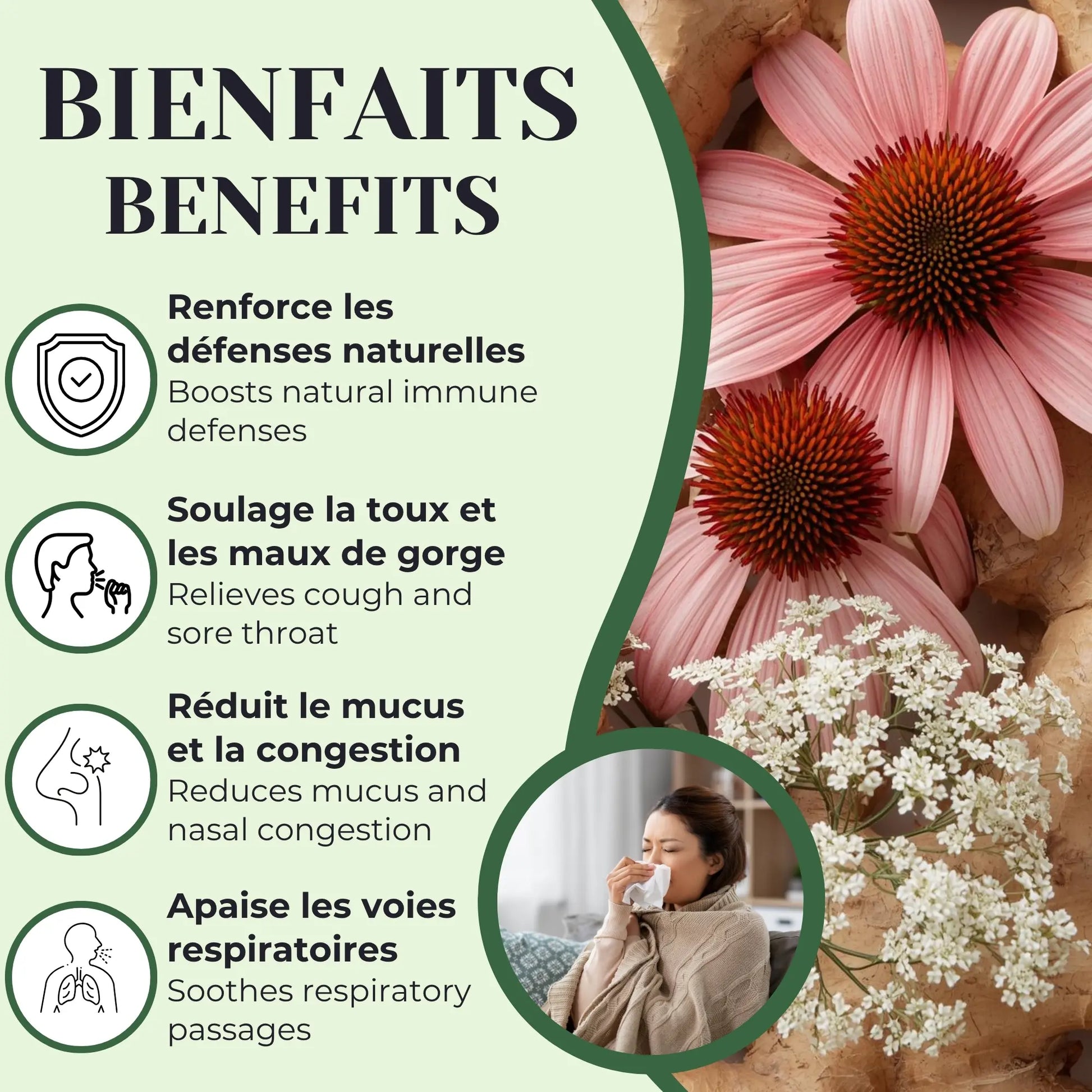 Bienfaits de la tisane rhume et grippe Phytovie, renforce l’immunité et aide à soulager la toux, la gorge et la congestion