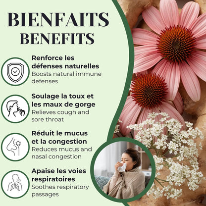Bienfaits de la tisane rhume et grippe Phytovie, renforce l’immunité et aide à soulager la toux, la gorge et la congestion