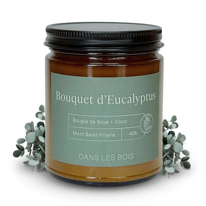 Bougie Bouquet d’Eucalyptus 40 h, 8 oz avec feuilles d’eucalyptus sur fond blanc, parfum frais et apaisant