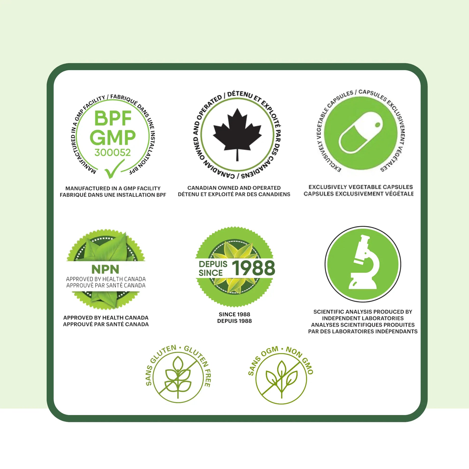 Certifications du bisglycinate de magnésium Phytovie, fabrication GMP, approuvé par Santé Canada, capsules végétales, sans gluten et sans OGM